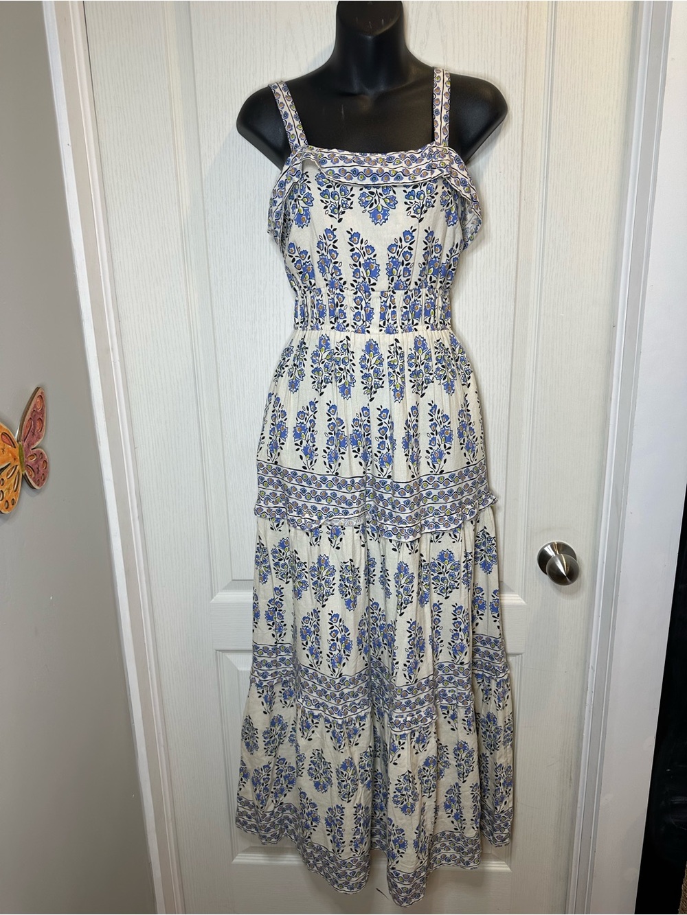 Japna Tiered Cotton Cream Maxi Dress w/ Blue Floral Print S cottagecore coastal
